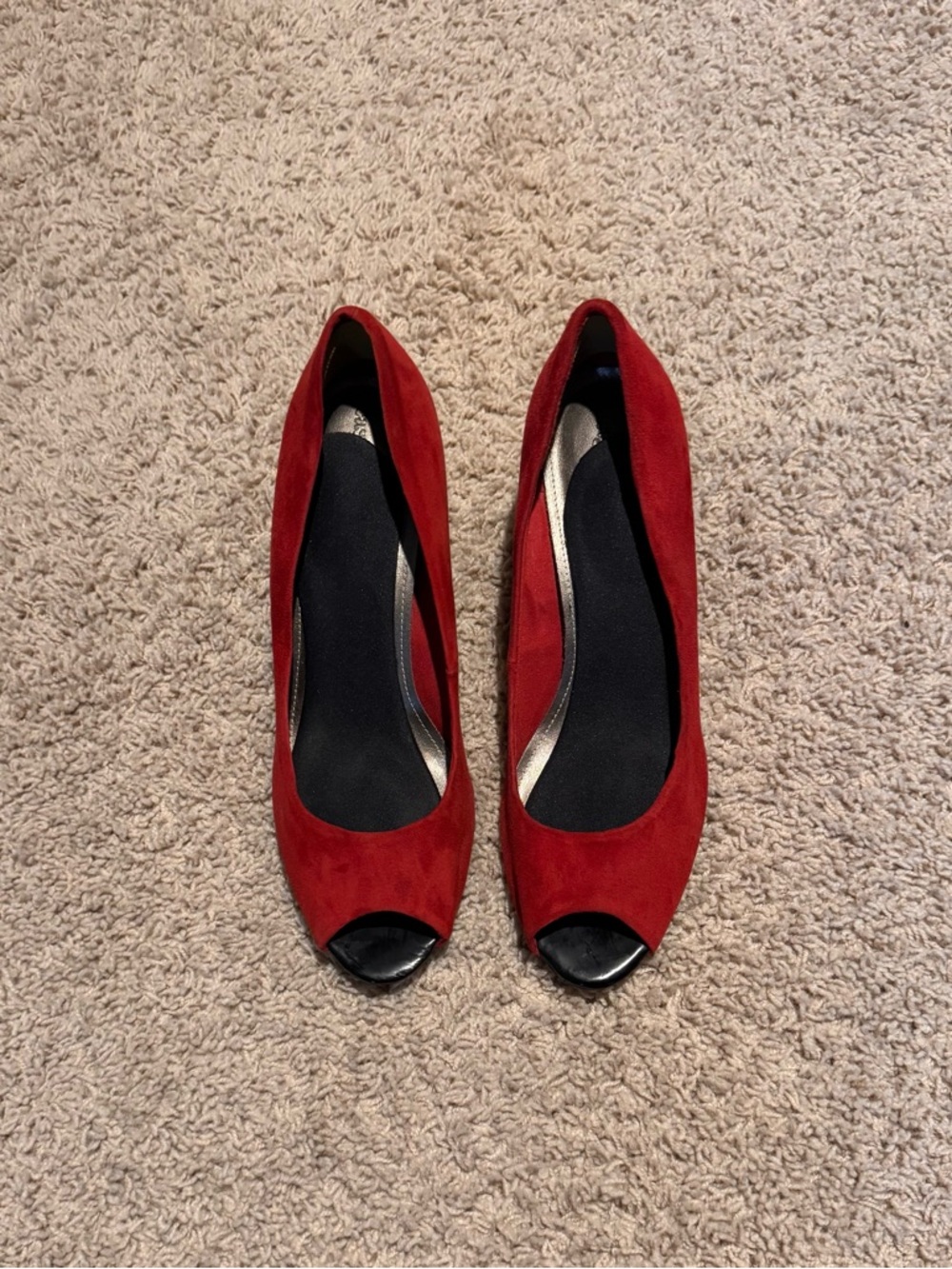 East 5th Red Suede Peep-Toe Heels